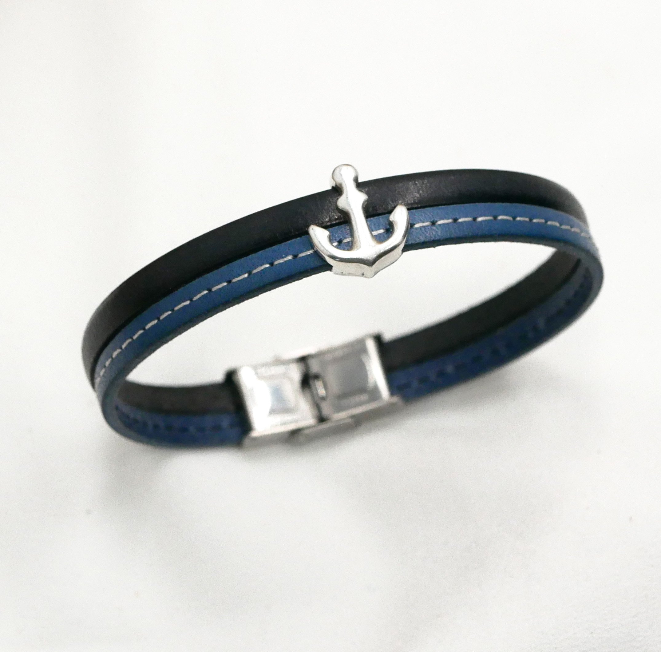 Bracelet homme en duo de cuir bleu surpiqué  Ancre marine personnalisable 