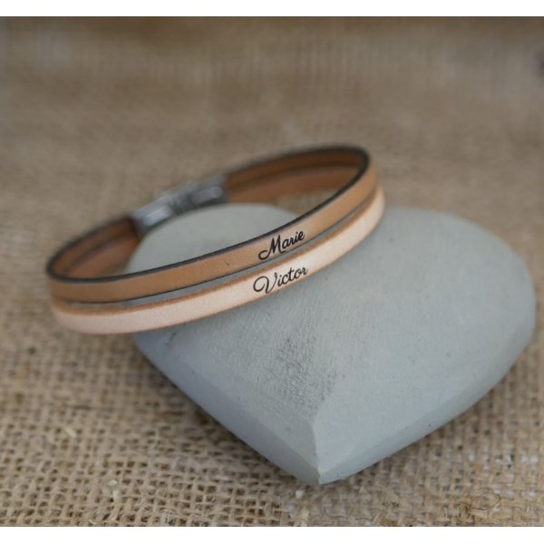 Bracelet homme en duo de cuir personnalisable par gravure