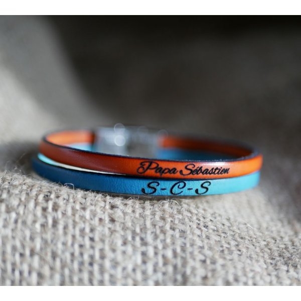 Bracelet homme en duo de cuir personnalisable par gravure