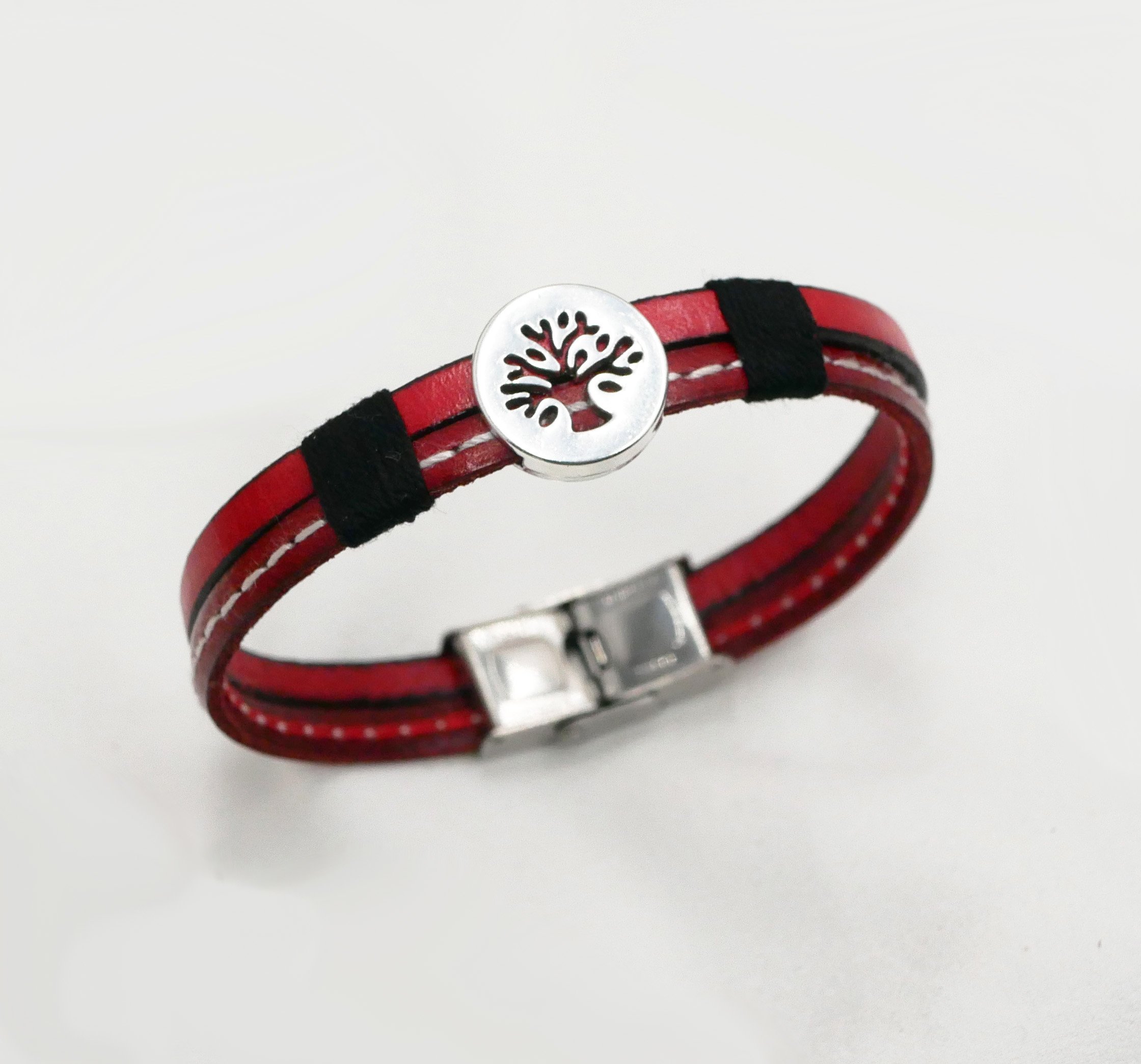 Bracelet homme en duo de cuir rouge surpiq&ucirc;res Arbre de vie personnalisable 