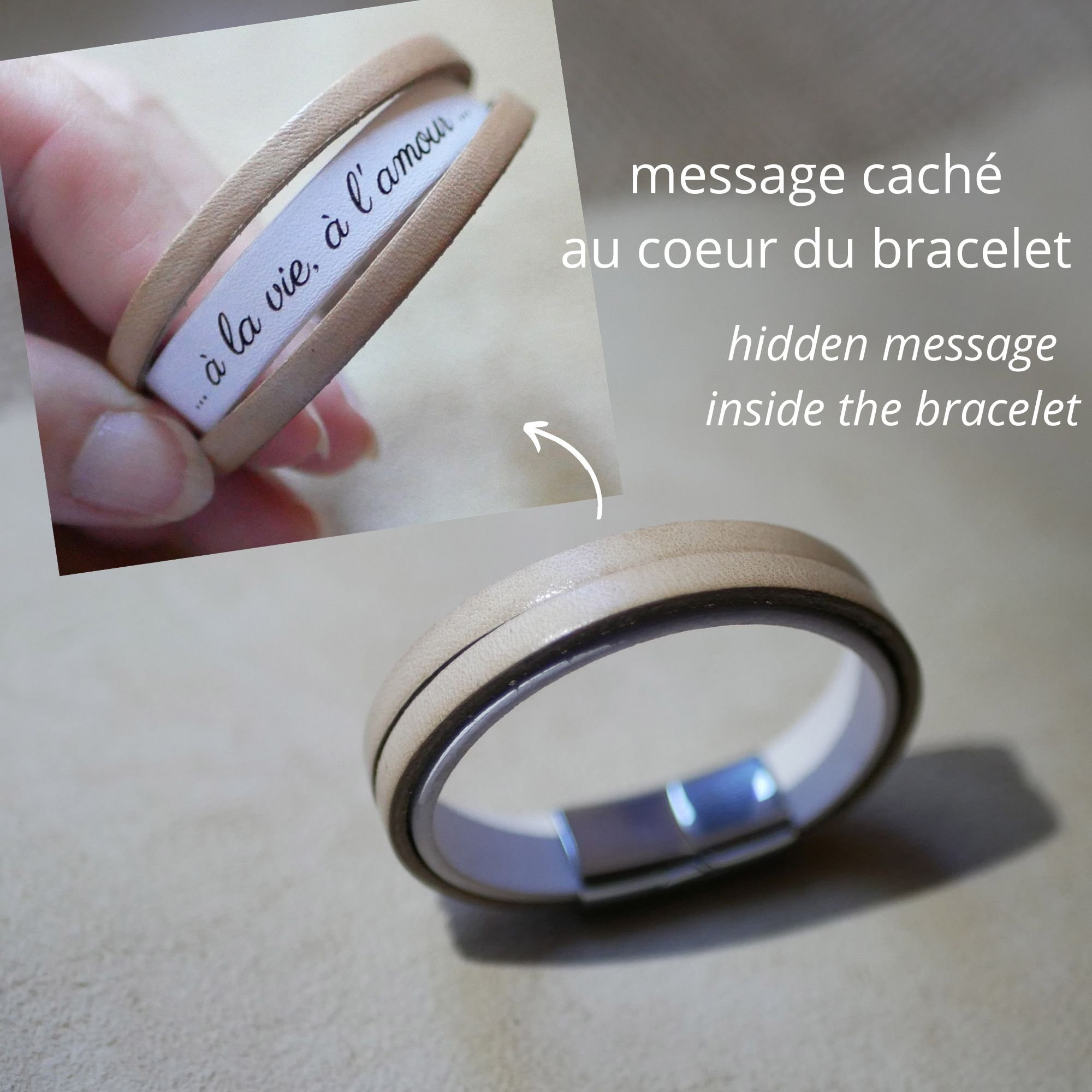 Bracelet manchette cuir femme bicolore avec message grav&eacute; cach&eacute;