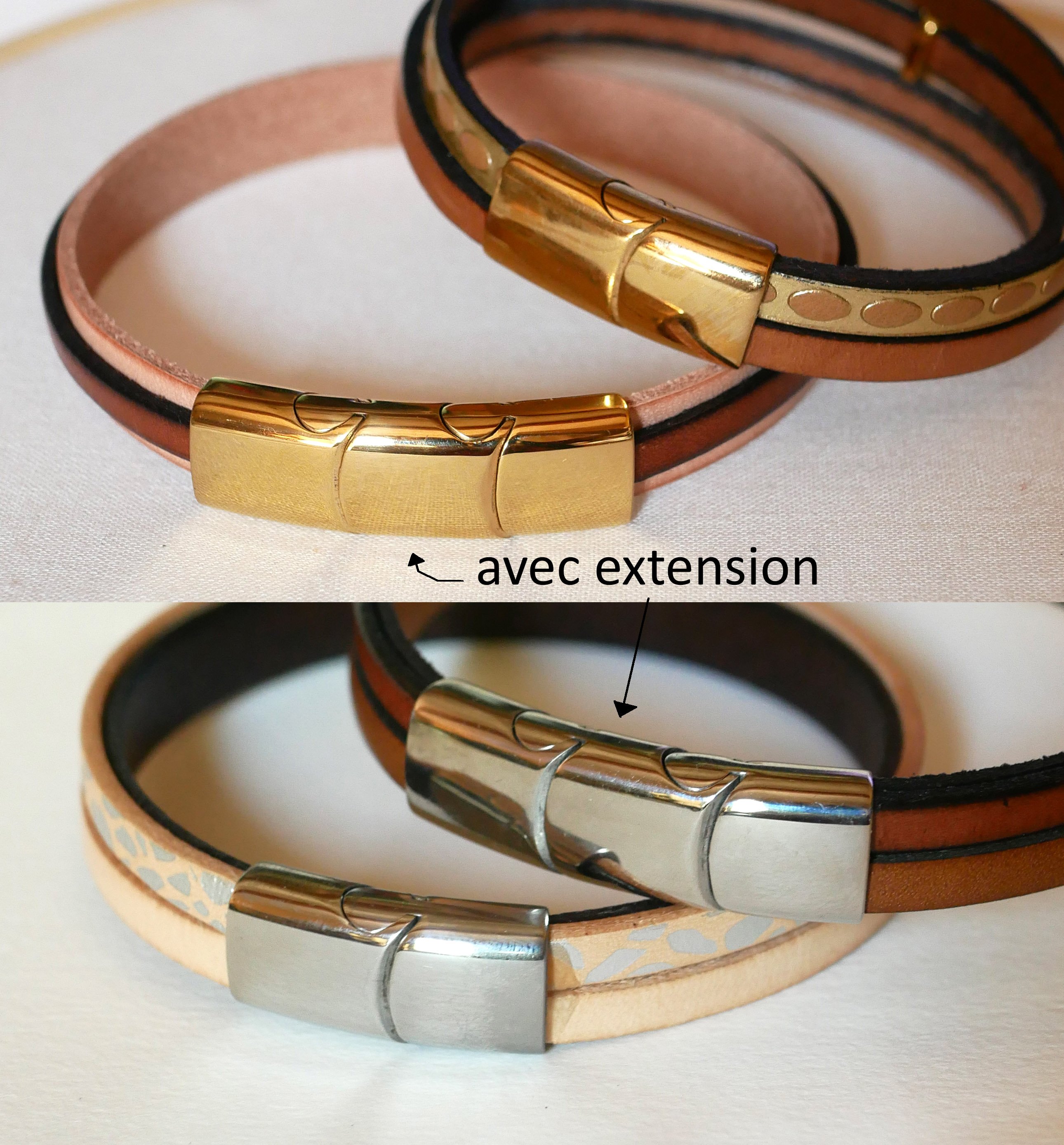 Bracelet manchette cuir femme bicolore avec message grav&eacute; cach&eacute;