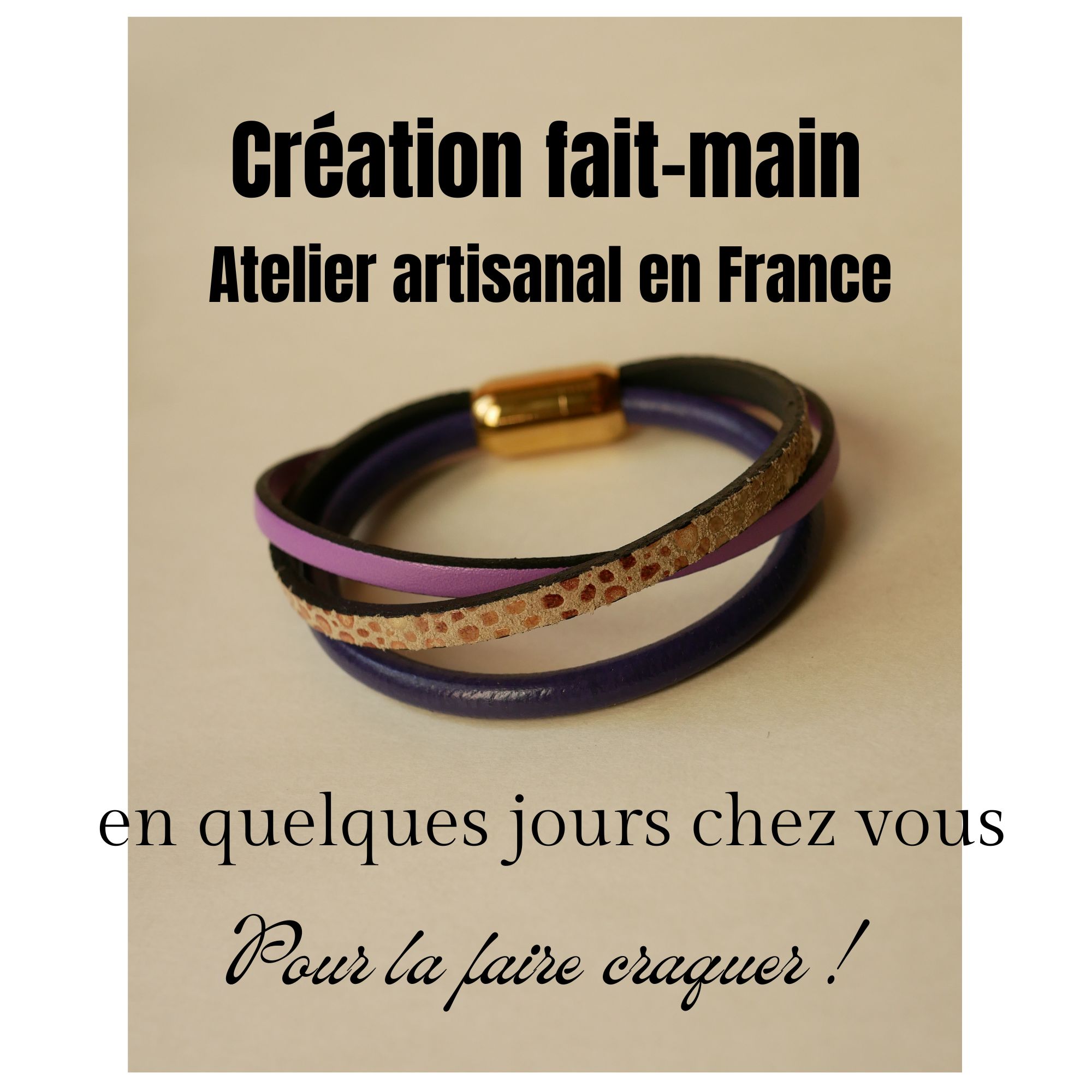 Bracelet manchette femme multi cuirs Violet et Doré