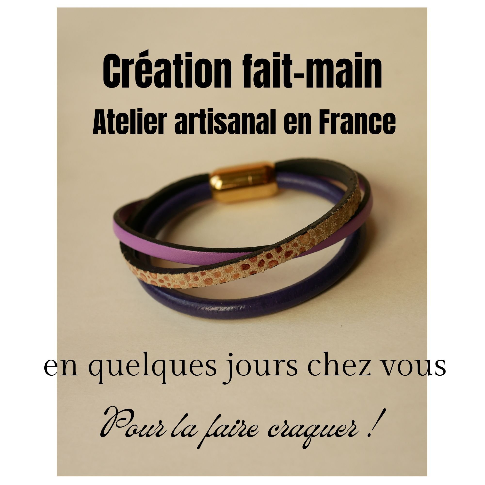 Bracelet manchette femme multi cuirs Violet et Doré