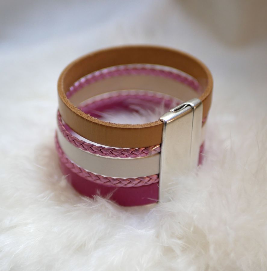 Bracelet manchette multi cuir Rose et Blanc 