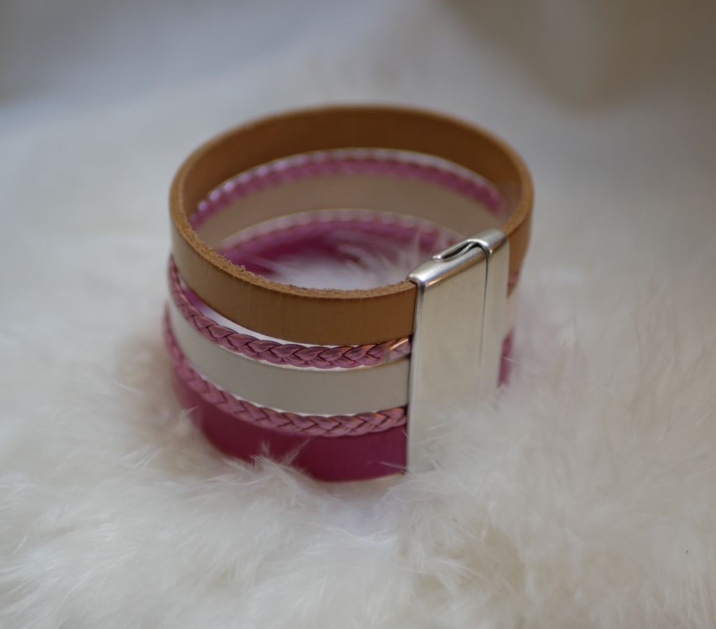 Bracelet manchette multi-cuir rose et blanc