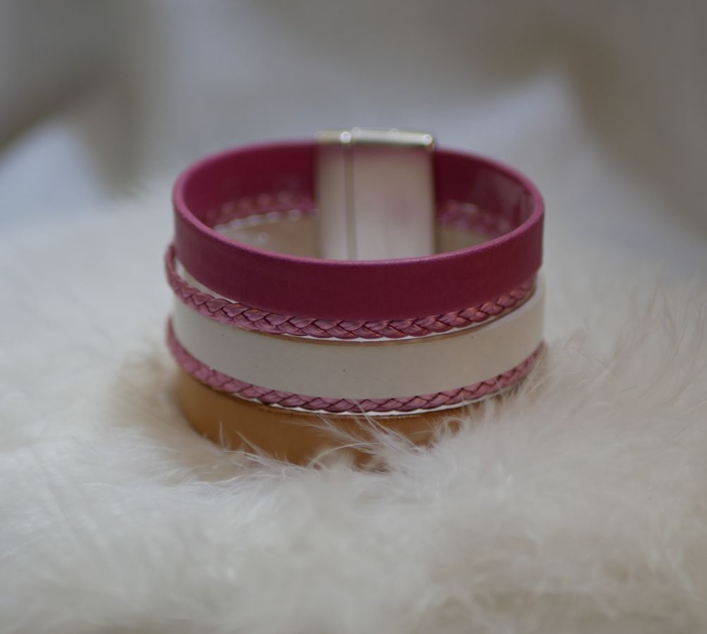 Bracelet manchette multi-cuir rose et blanc