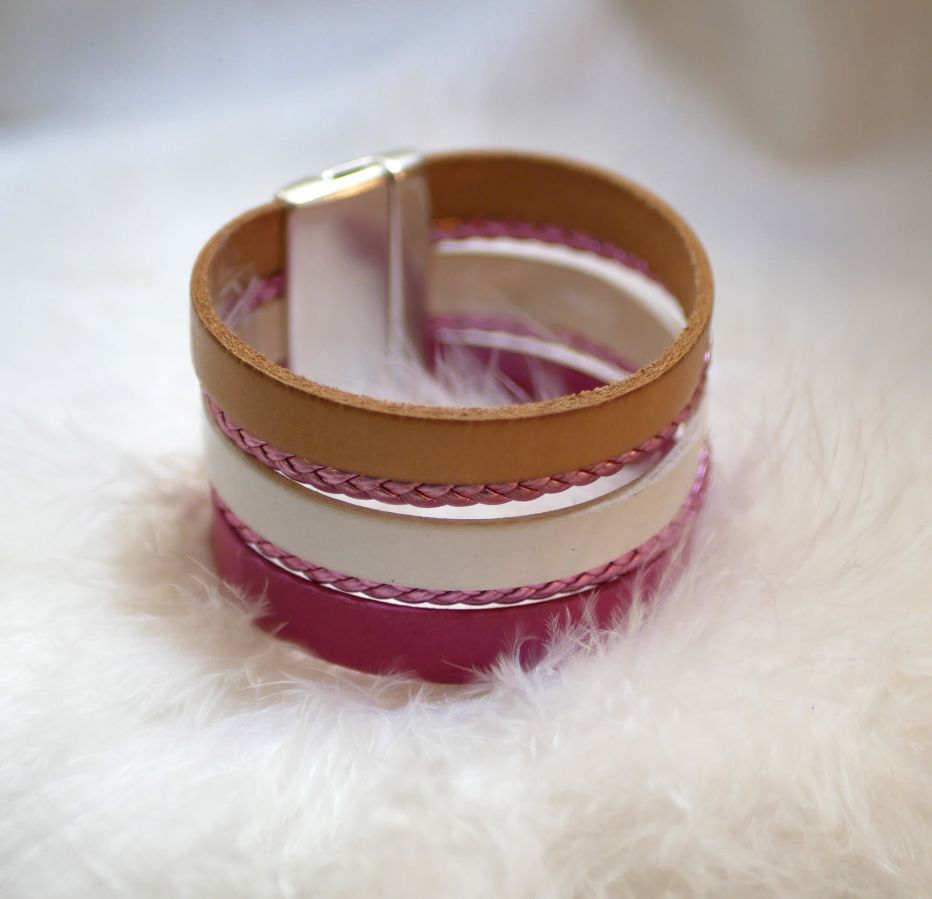 Bracelet manchette multi cuir Rose et Blanc 