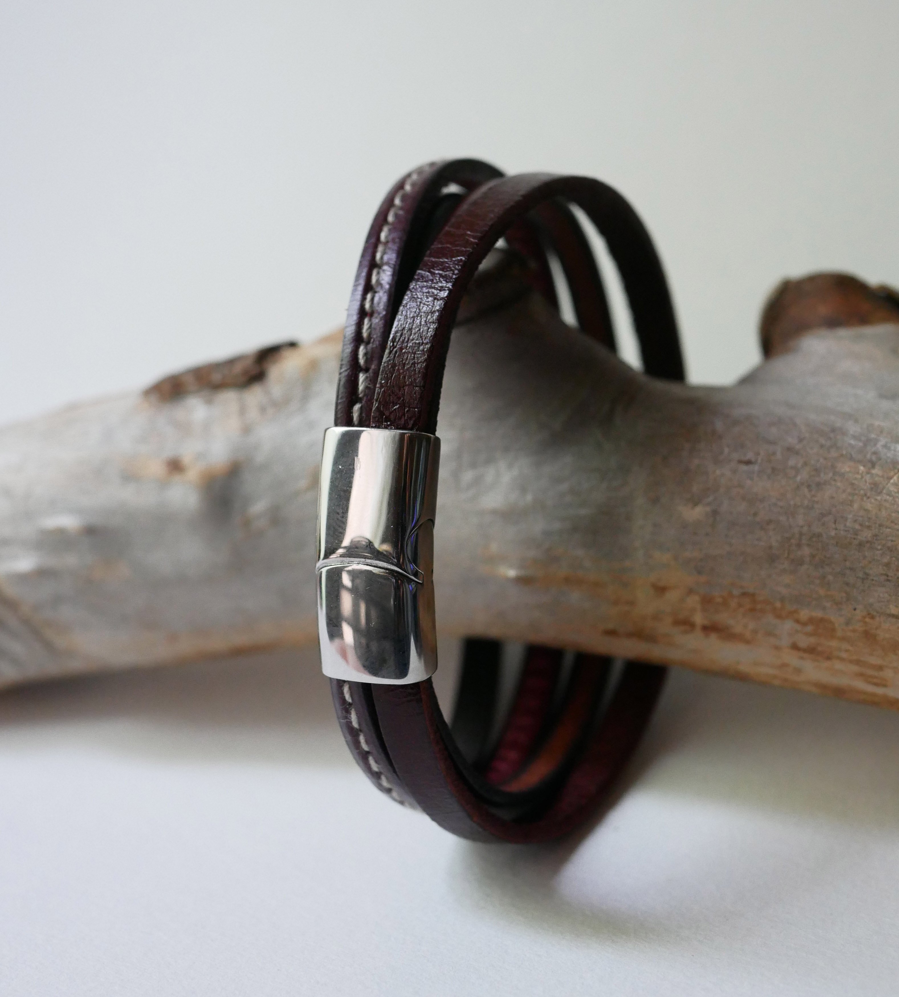 Bracelet manchette multi cuirs Marrons pour homme