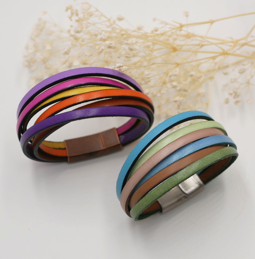 Bracelet manchette multi-cuirs coloris toniques