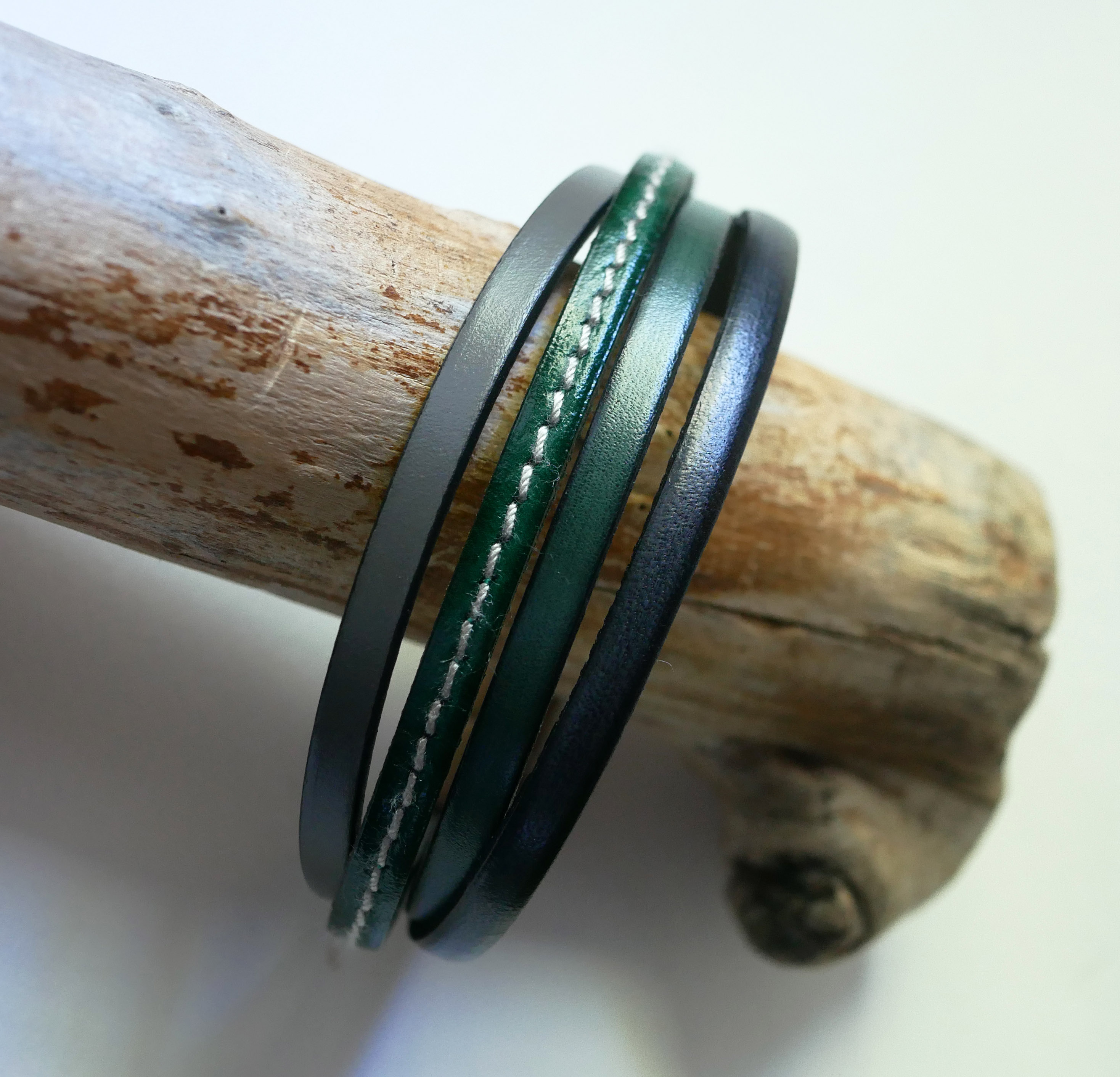 Bracelet manchette multi cuirs Verts & Gris pour homme