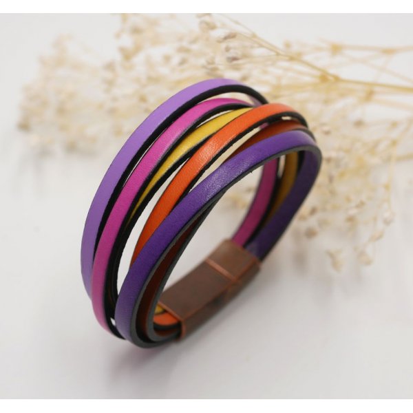 Bracelet manchette multi-cuirs coloris toniques