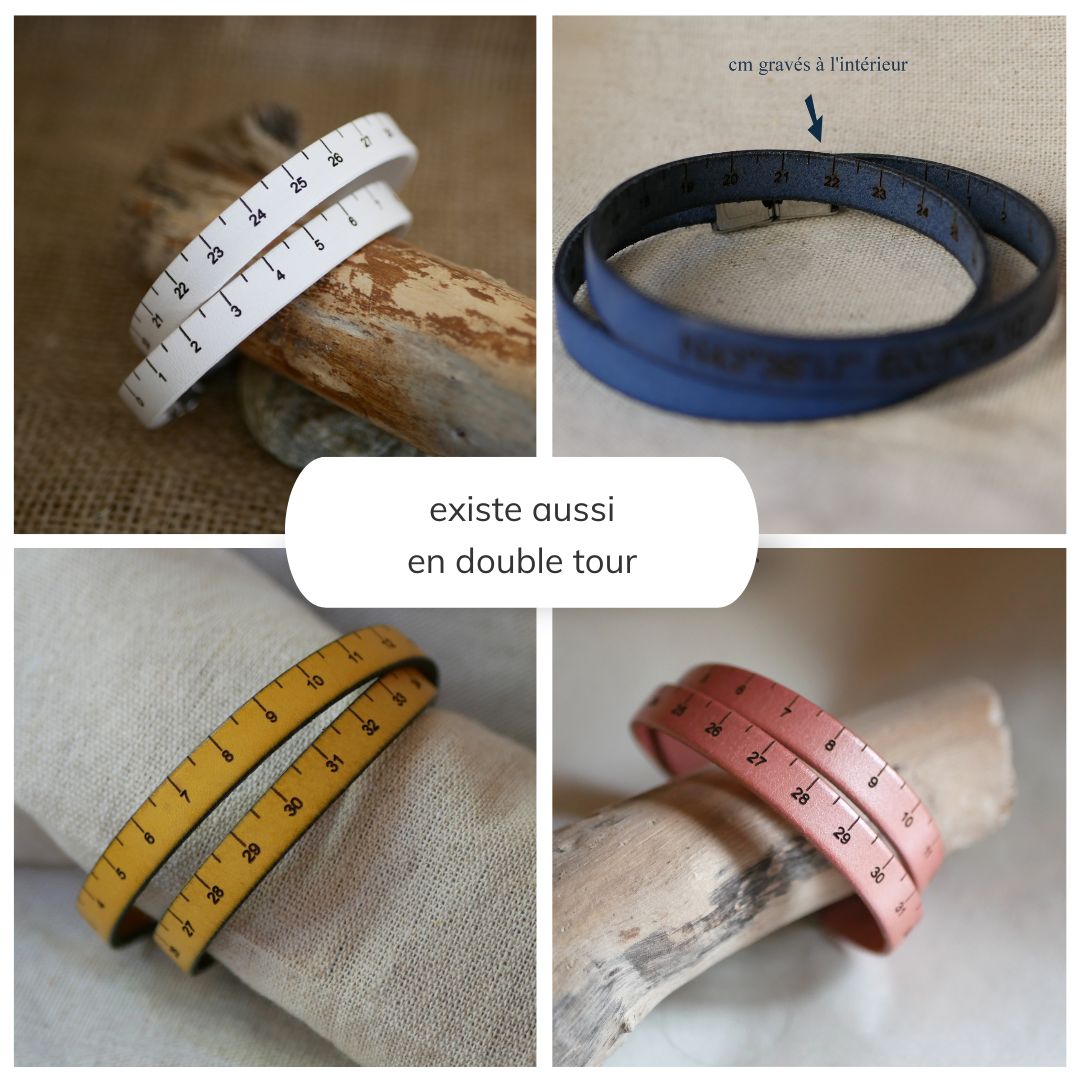 Bracelet Mètre couture en cuir gravé en cm personnalisable au dos