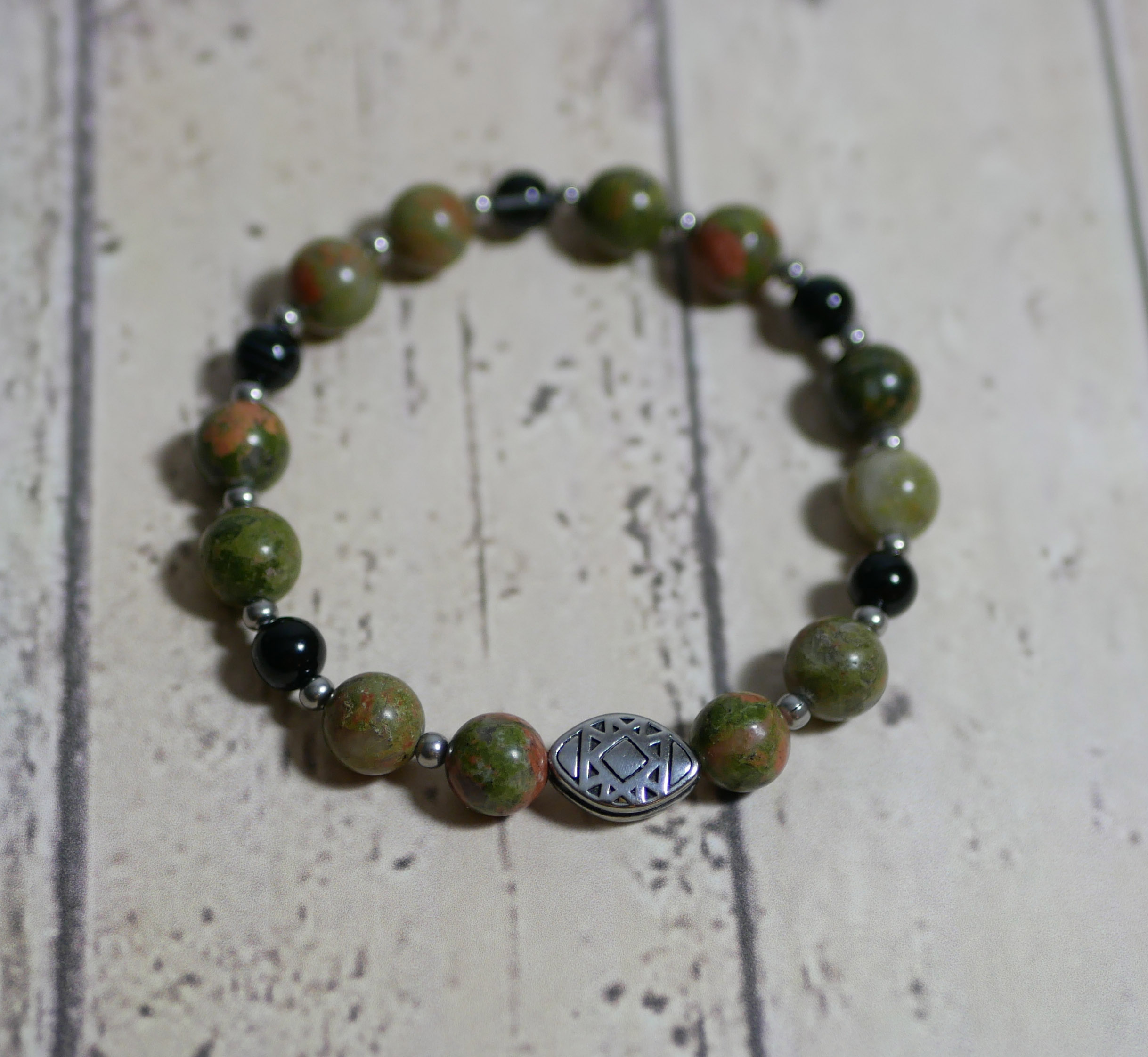 Bracelet perle oblongue acier et perles en pierre naturelle unakite 