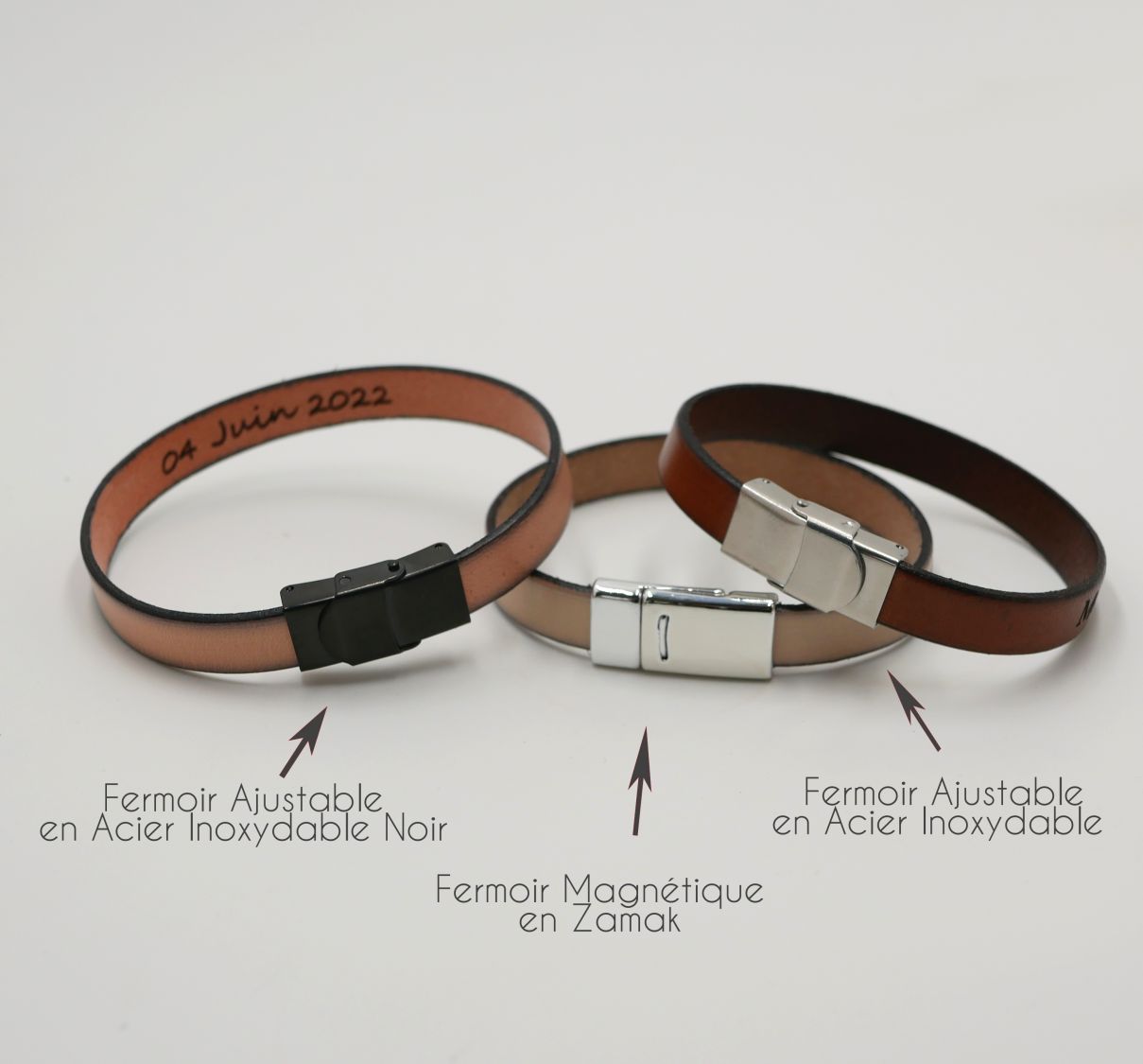 Bracelet personnalisable en cuir pour homme fermoir au choix Fête des Pères ou Noël