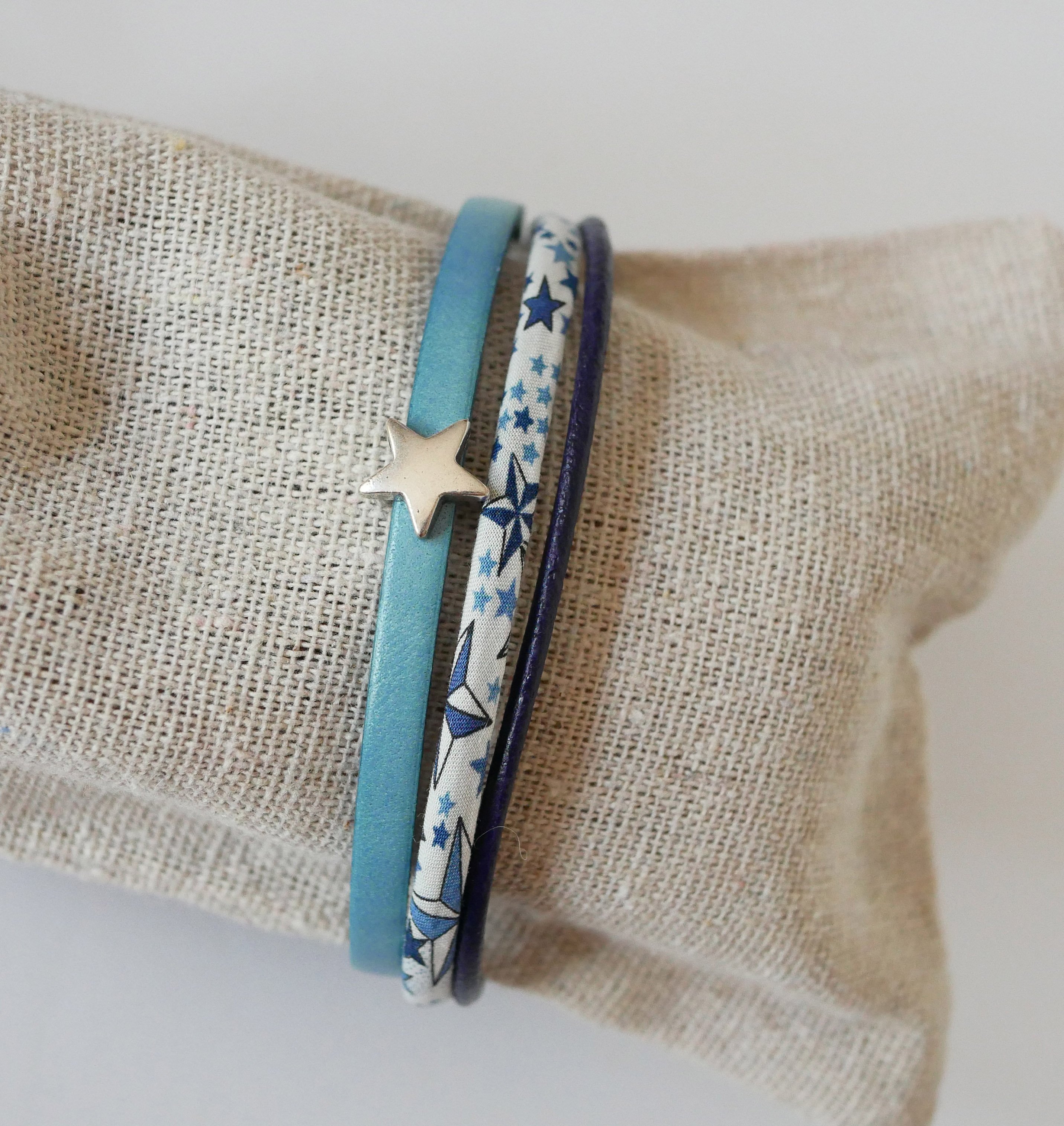 Bracelet Trio de cuirs et cordon Liberty &eacute;toiles bleues
