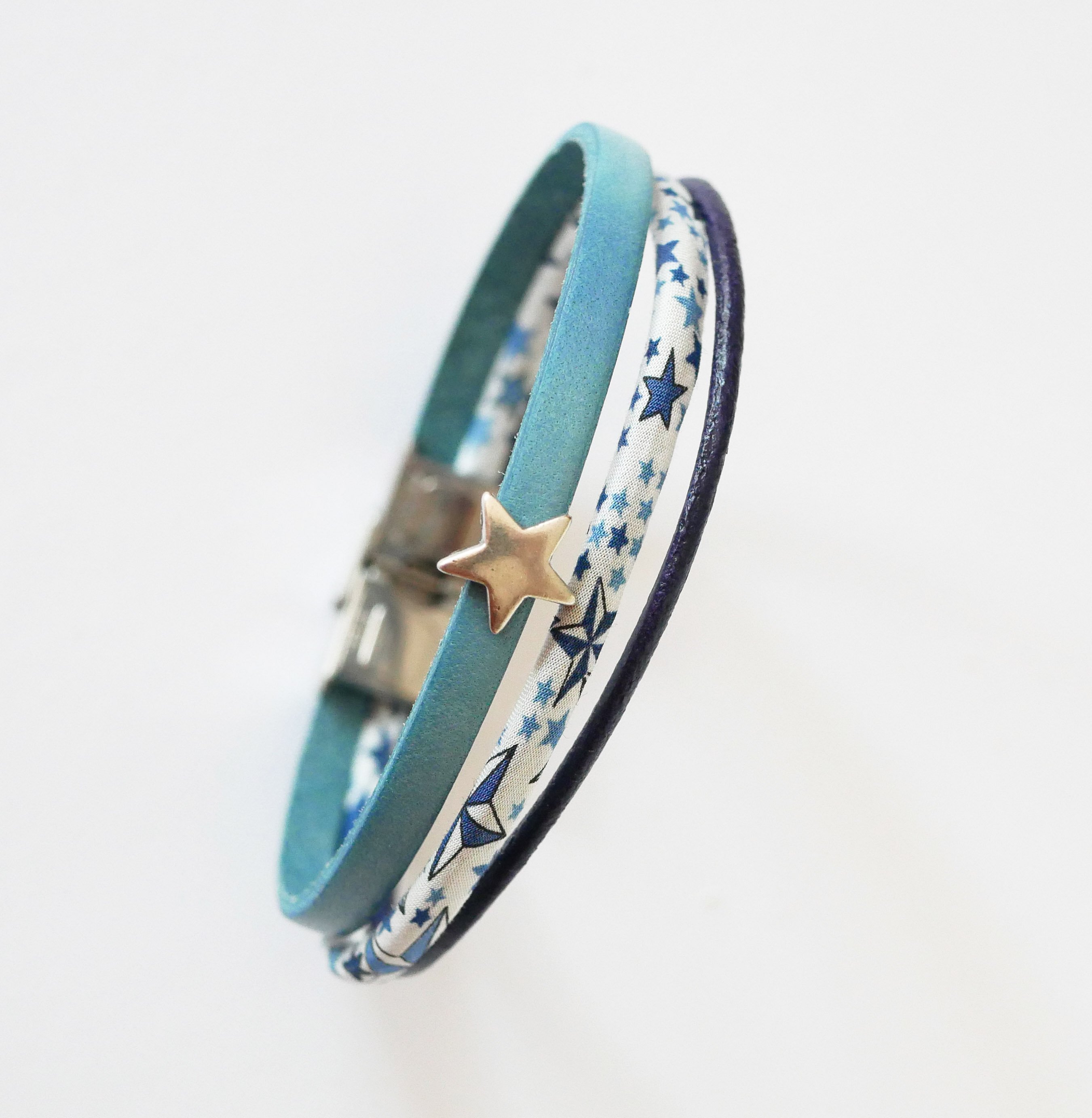 Bracelet Trio de cuirs et cordon Liberty &eacute;toiles bleues