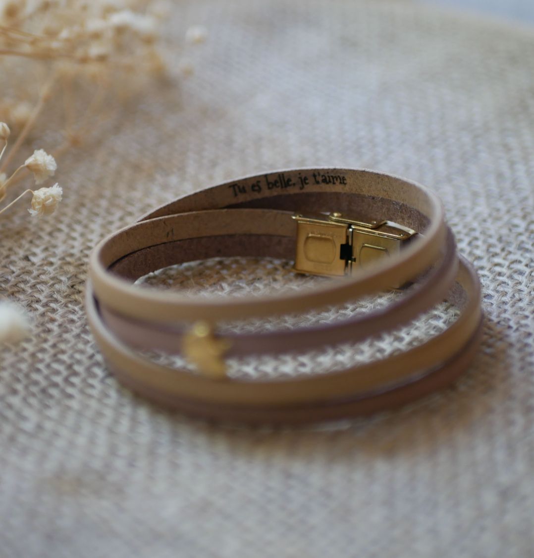 Bracelet zen cuir en duo de couleurs personnalisable avec ginkgo doré 