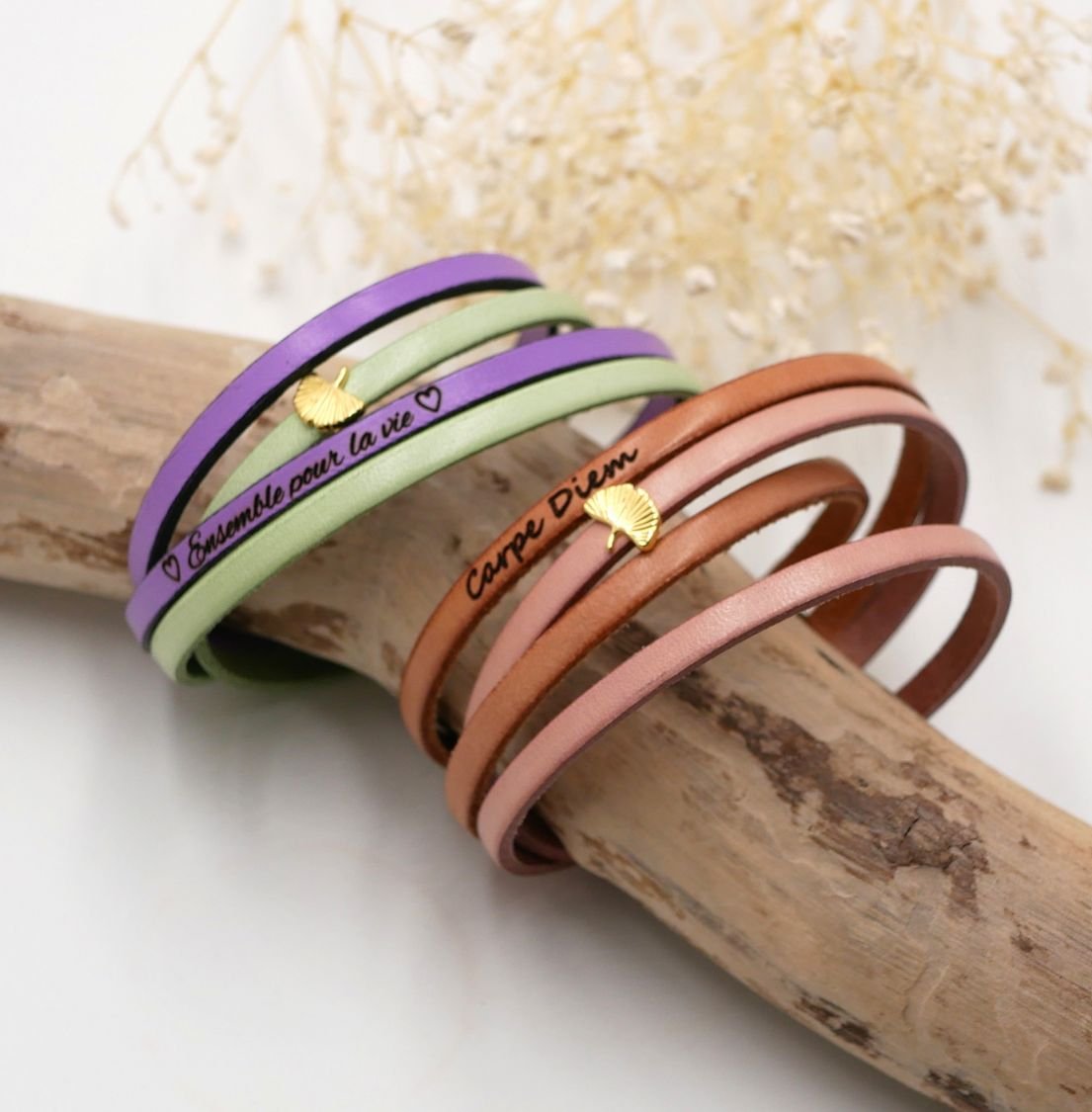 Bracelet zen cuir en duo de couleurs personnalisable avec ginkgo doré 