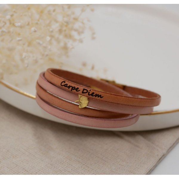 Bracelet zen cuir en duo de couleurs personnalisable avec ginkgo doré 