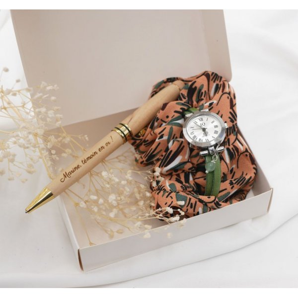 Coffret cadeau femme avec montre bracelet cuir + stylo bois gravé + chouchou assorti 