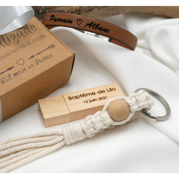 Coffret cadeau homme clé usb gravée+ bracelet cuir personnalisable + porte clé macramé 