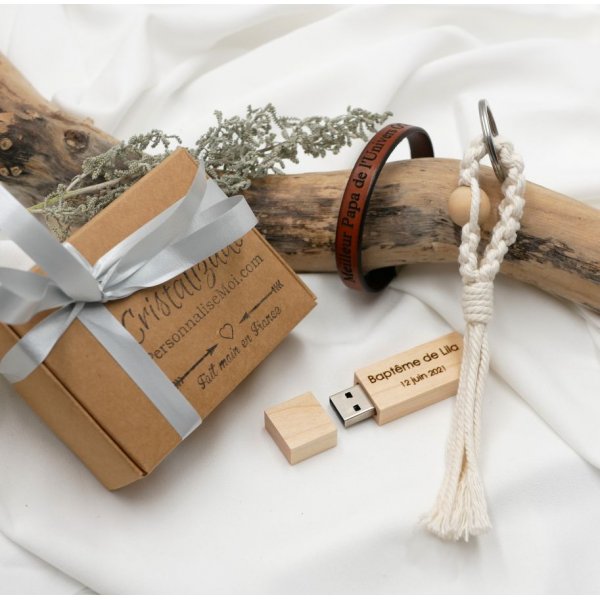 Coffret cadeau homme clé usb gravée+ bracelet cuir personnalisable + porte clé macramé 