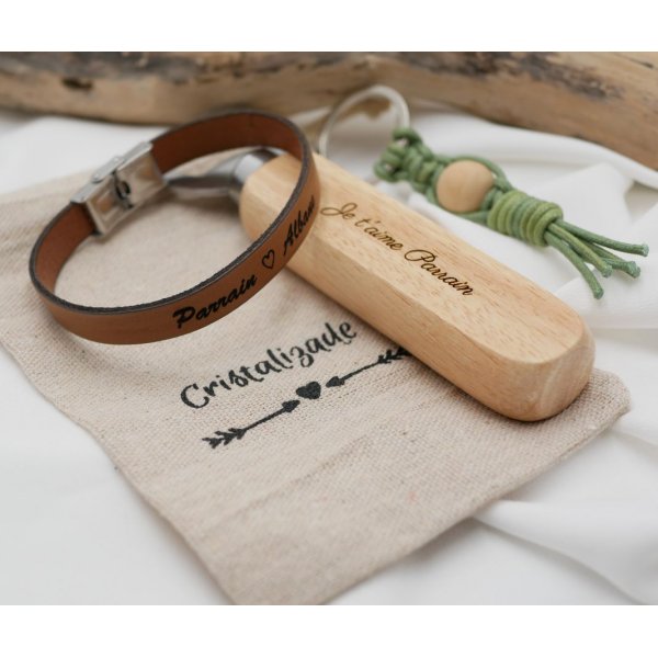 Pochette cadeau homme décapsuleur gravé+ bracelet cuir personnalisable + porte clé macramé 