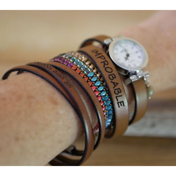 Montre bracelet cuir 2 tours personnalisable au cadran argenté