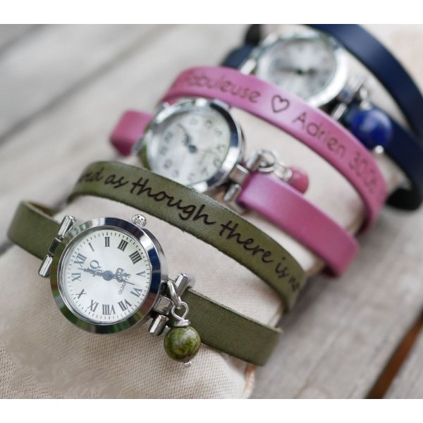 Montre bracelet cuir 2 tours personnalisable au cadran argenté