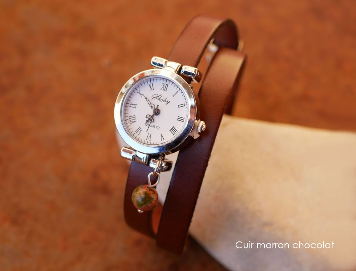 Montre bracelet cuir 2 tours personnalisable au cadran argenté