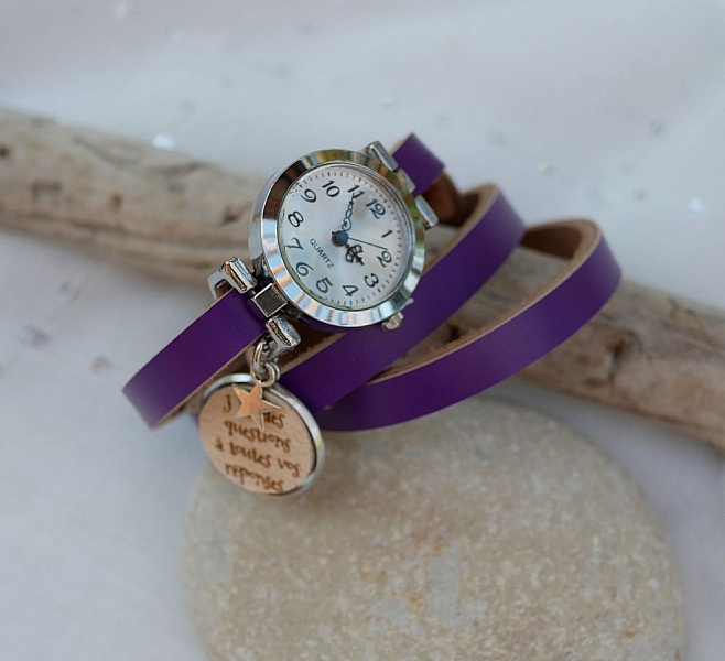 Montre argent bracelet cuir cabochon en bois &agrave; graver