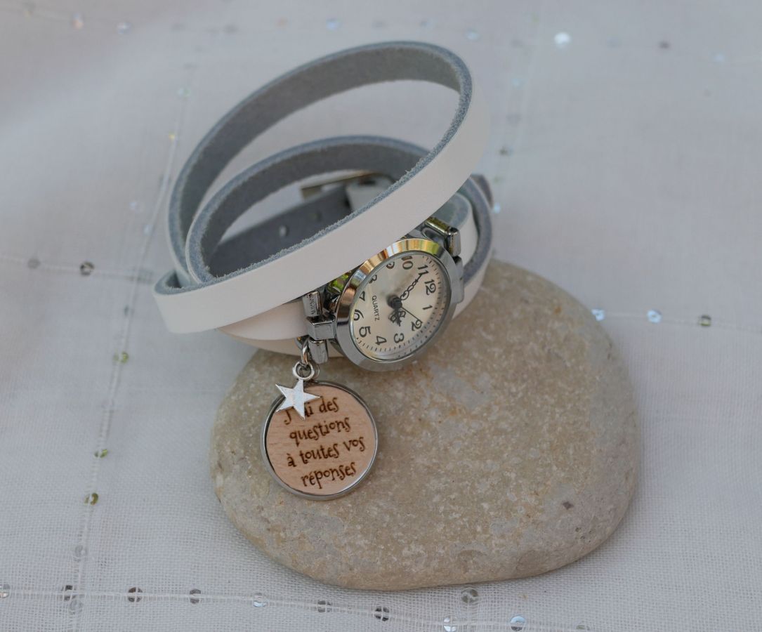 Montre argent bracelet cuir cabochon en bois à graver