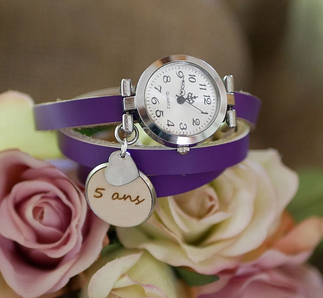 Montre argent bracelet cuir cabochon en bois &agrave; graver