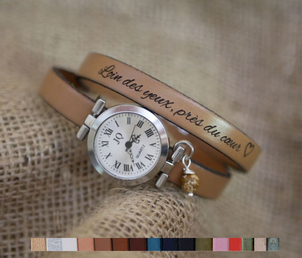 Montre bracelet cuir 2 tours personnalisable au cadran argenté