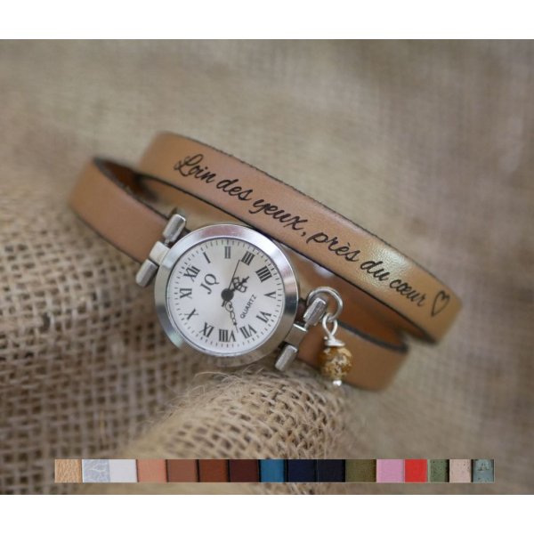 Montre bracelet cuir 2 tours personnalisable au cadran argenté