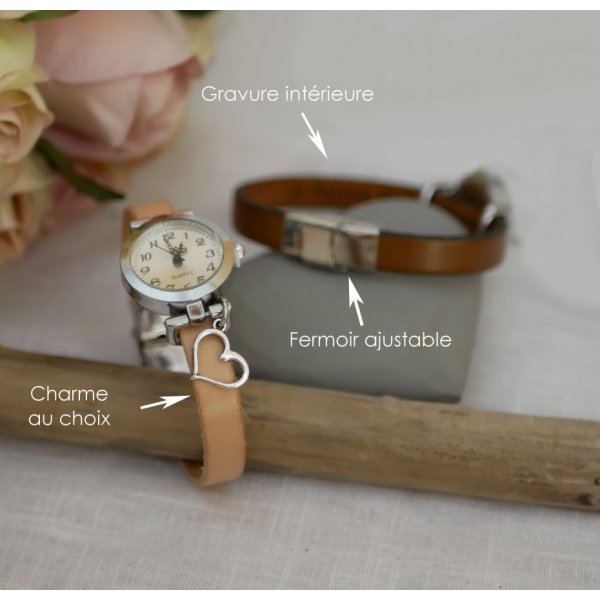 Montre argent avec breloque et bracelet cuir au fermoir ajustable