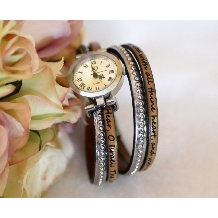 Montre argenté bracelet double cuir billes couleur au choix à personnaliser 