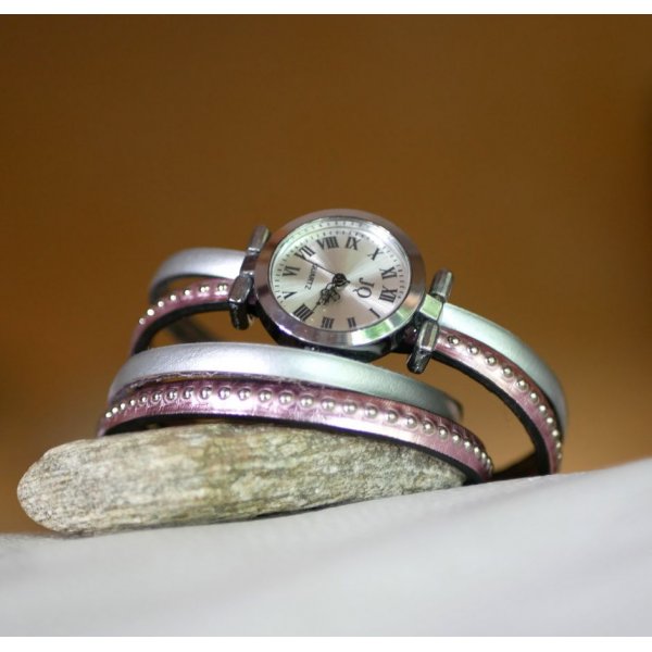 Montre argent&eacute; bracelet double cuir rose m&eacute;tallis&eacute; &agrave; personnaliser 