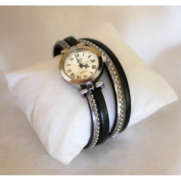 Montre argenté bracelet double cuir billes couleur au choix à personnaliser 
