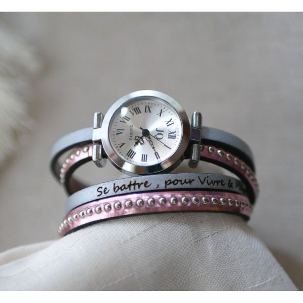 Montre argent&eacute; bracelet double cuir rose m&eacute;tallis&eacute; &agrave; personnaliser 