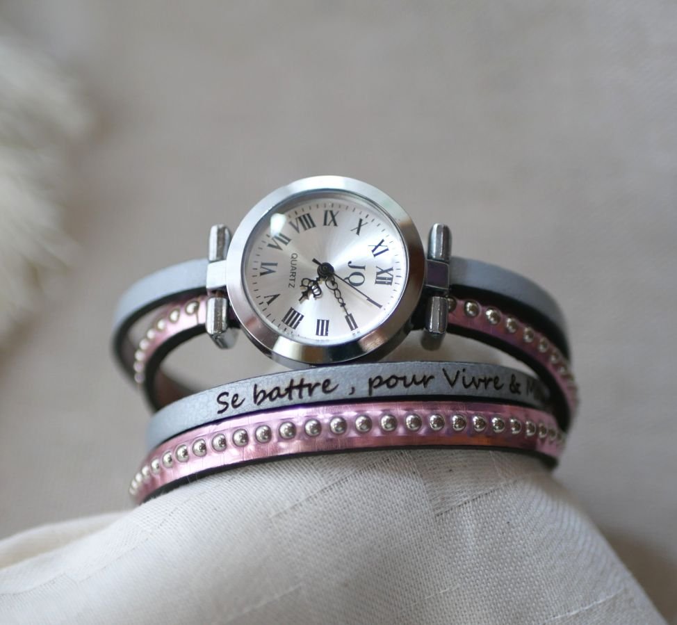 Montre argenté bracelet double cuir rose métallisé à personnaliser 