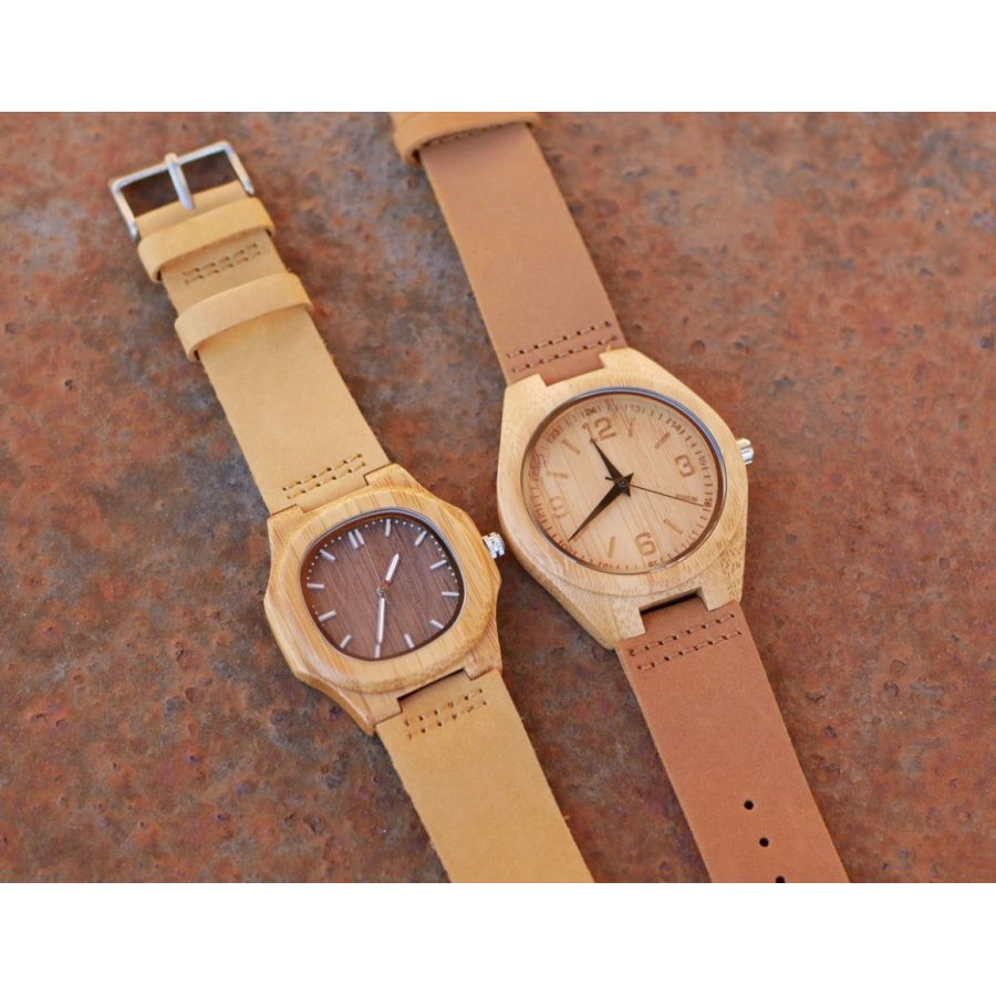 Montre en bois bambou carrée à graver pour femme ou homme - cuir marron