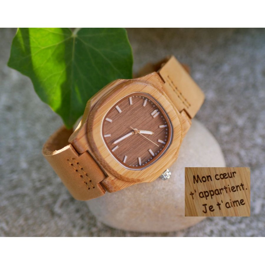 Montre en bois bambou carrée à graver pour femme ou homme - cuir marron