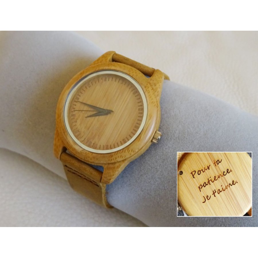 Montre en bois à graver pour femme - cuir marron