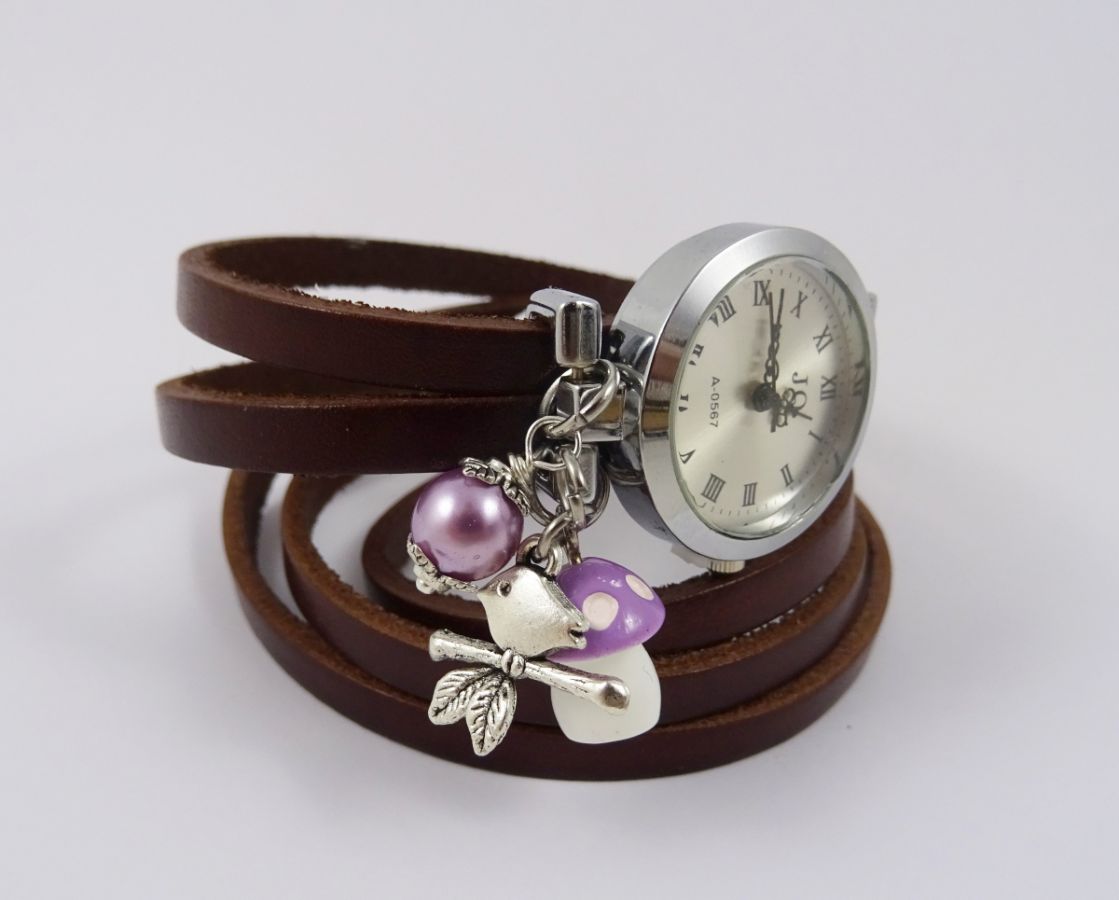 Montre bracelet Champignon mauve long bracelet cuir