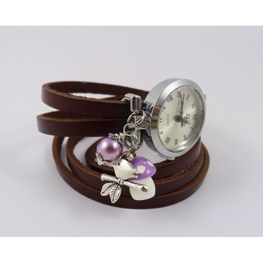 Montre bracelet Champignon mauve long bracelet cuir