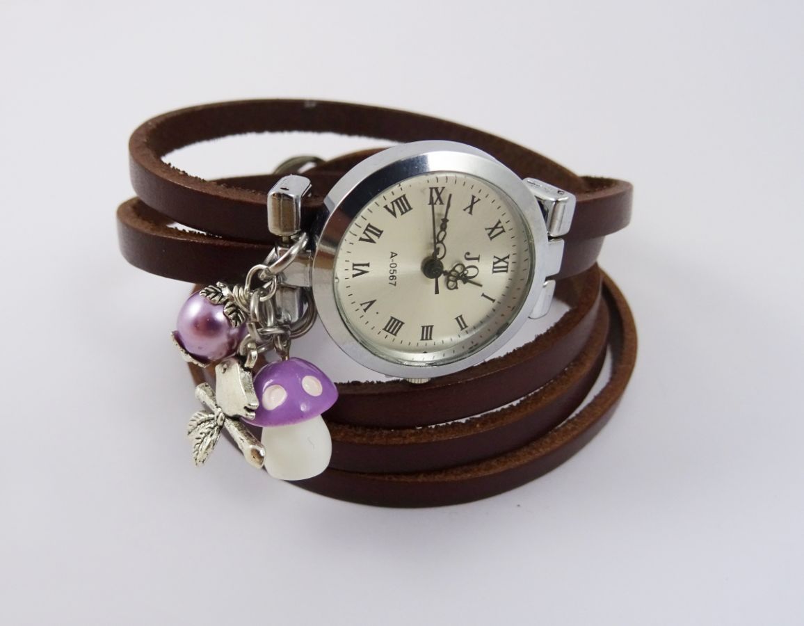 Montre bracelet Champignon mauve long bracelet cuir