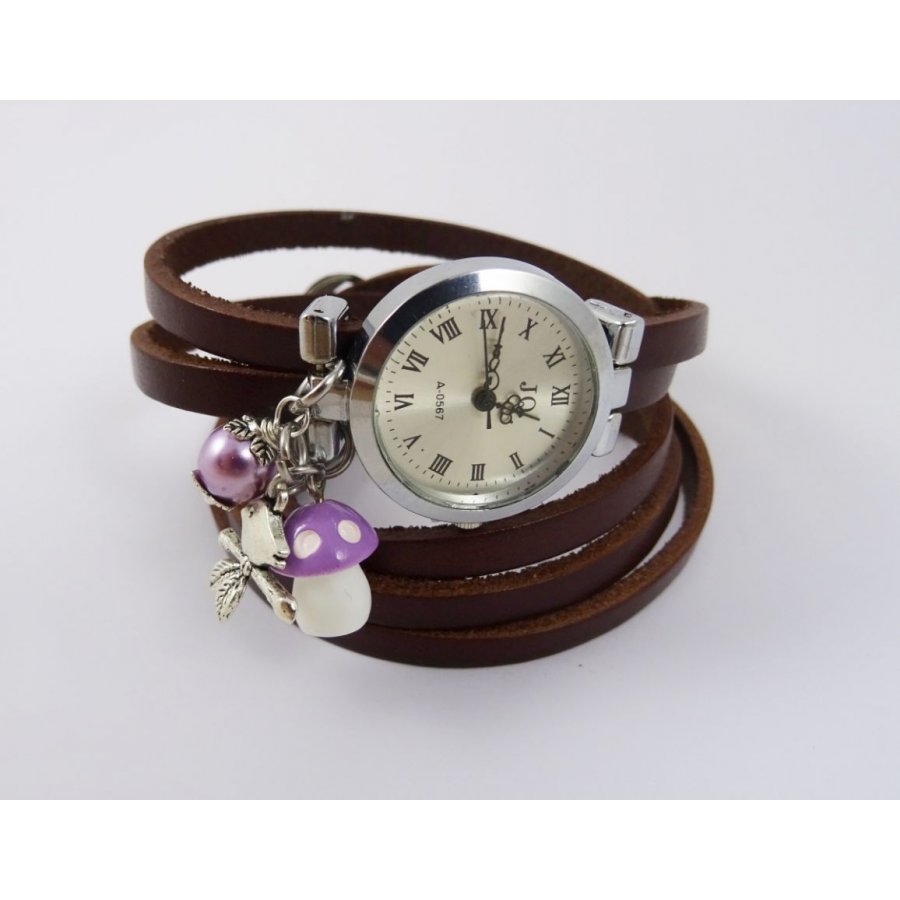 Montre bracelet Champignon mauve long bracelet cuir