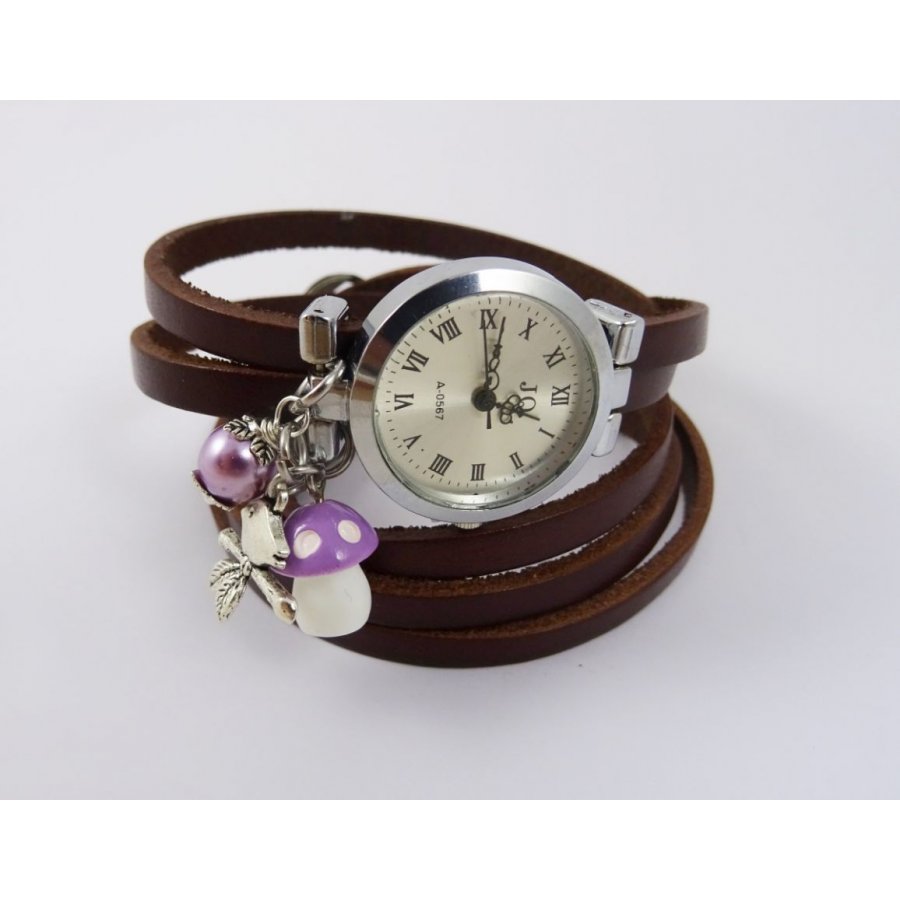 Montre bracelet Champignon mauve long bracelet cuir